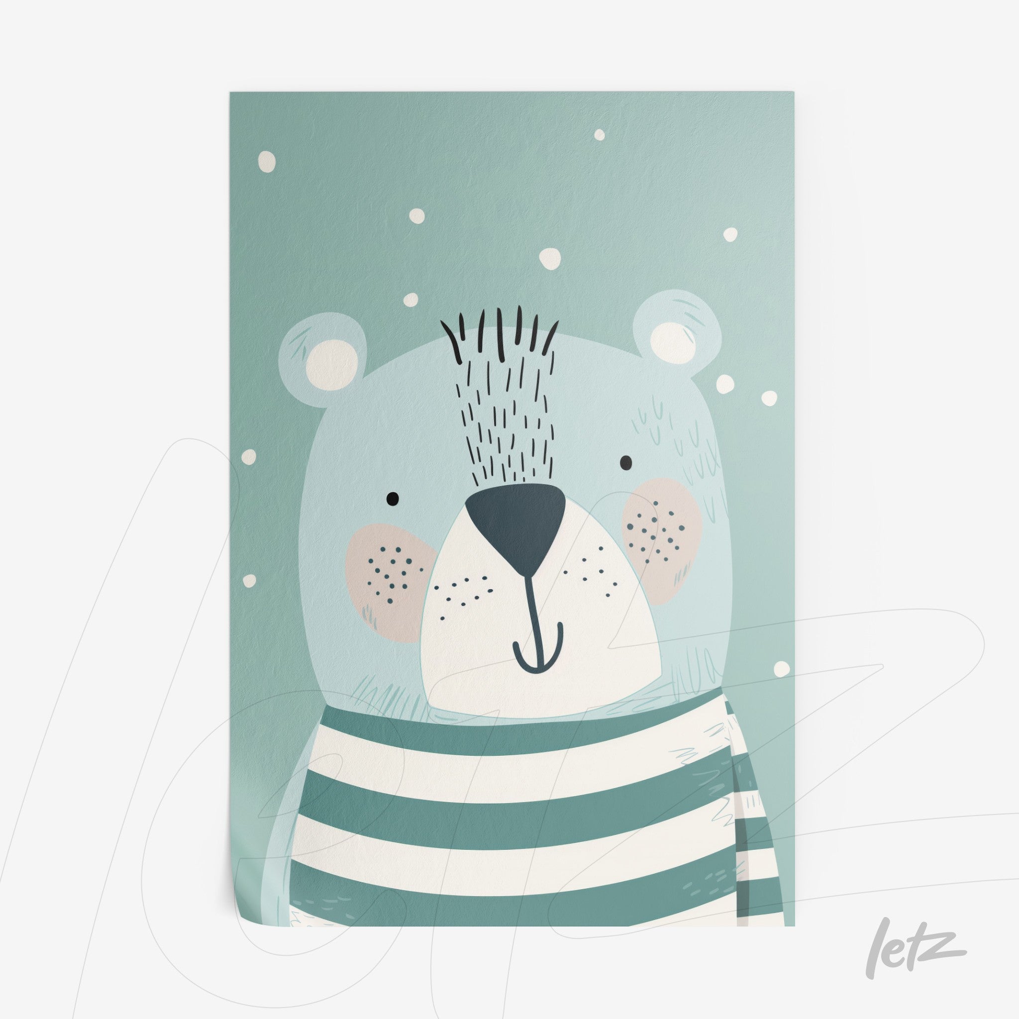 quadro com ilustração infantil de um urso com listras verdes na camisa, fundo azul claro e flocos de neve
