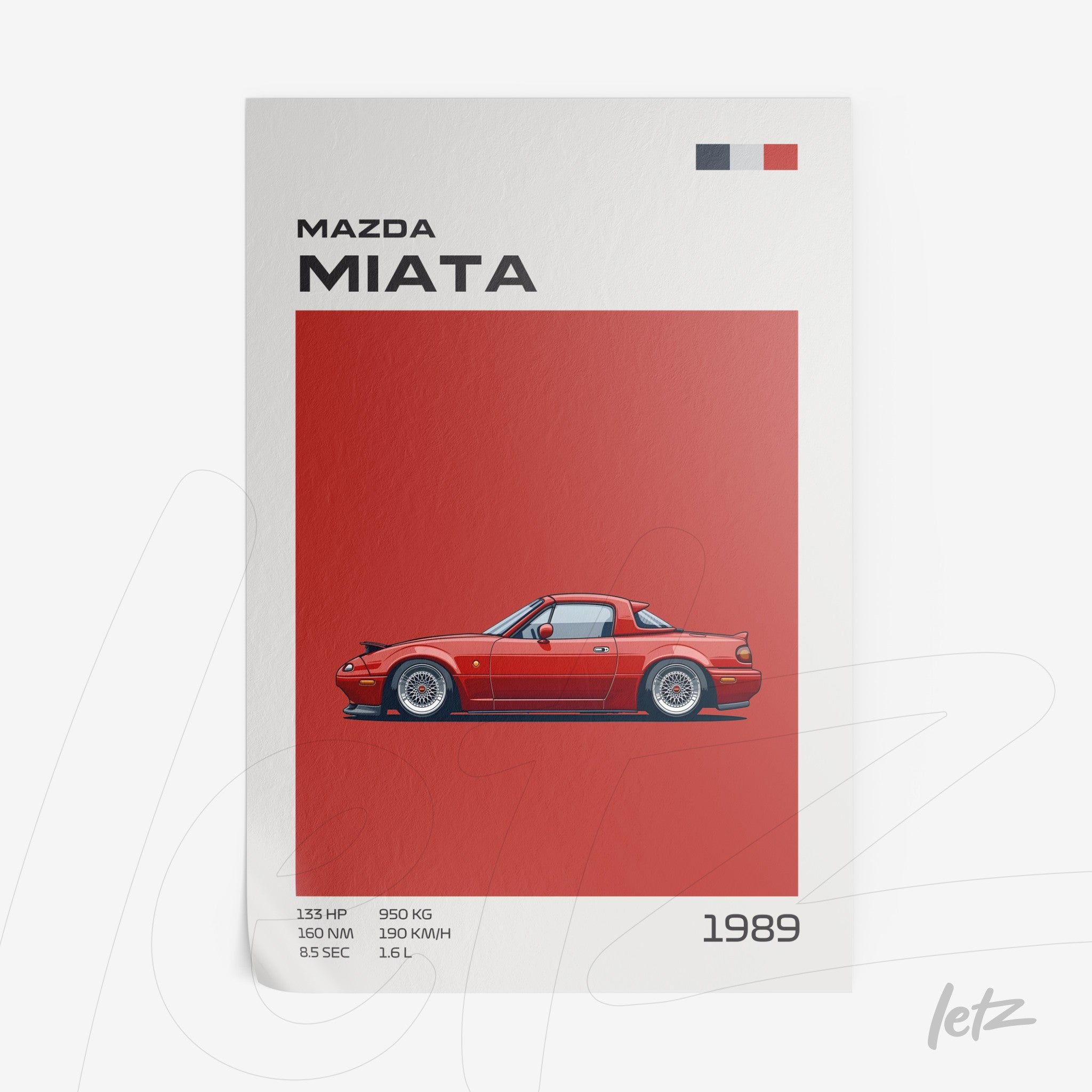quadro com ilustração do carro Mazda Miata de 1989 com fundo vermelho e informações detalhadas