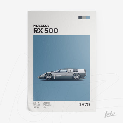 ilustração de carro Mazda RX 500 em estilo minimalista com fundo azul