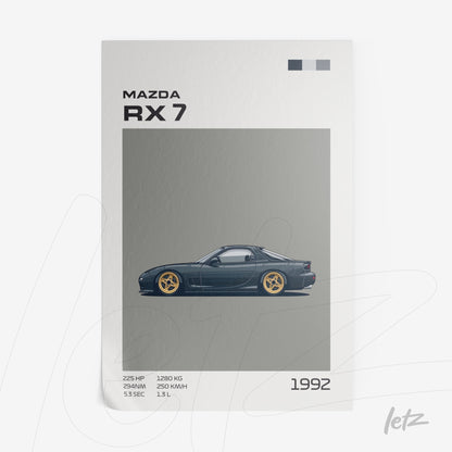 quadro com arte digital de um carro Mazda RX7 1992 em estilo minimalista com fundo cinza