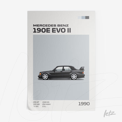 quadro com ilustração estilizada do carro Mercedes Benz 190E EVO II em fundo cinza claro