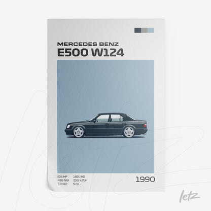 quadro com ilustração do carro Mercedes Benz E500 W124 em estilo minimalista sobre fundo azul claro