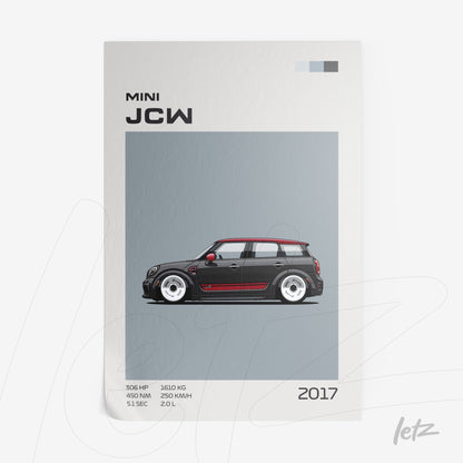 quadro com ilustração detalhada de um Mini JCW em fundo cinza, apresentando as especificações técnicas ao lado