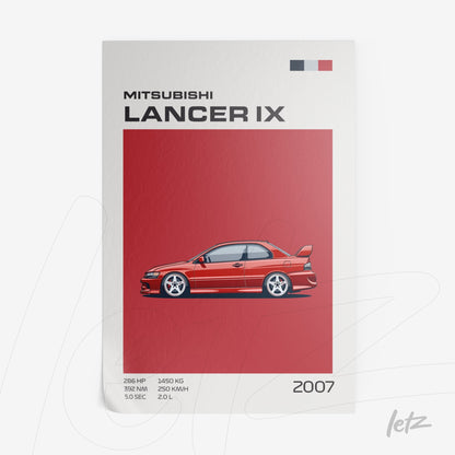 quadro com ilustração minimalista do Mitsubishi Lancer IX em fundo vermelho