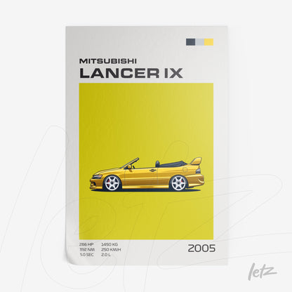 arte digital de um carro esportivo Mitsubishi Lancer IX amarelo com fundo amarelo vibrante