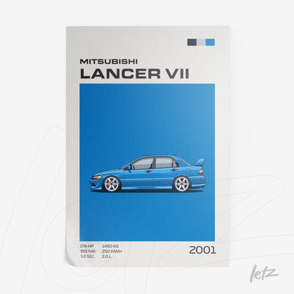ilustração digital de um Mitsubishi Lancer VII azul com fundo azul e detalhes em branco e preto