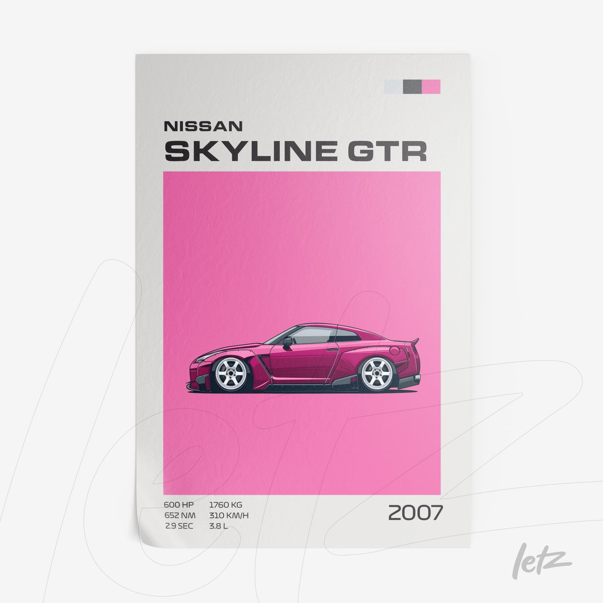 quadro com arte digital de um carro Nissan Skyline GTR em fundo rosa vibrante