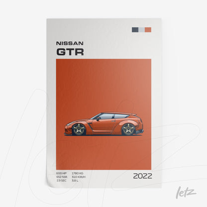 quadro com arte estilizada do carro esportivo Nissan GTR em fundo laranja vibrante