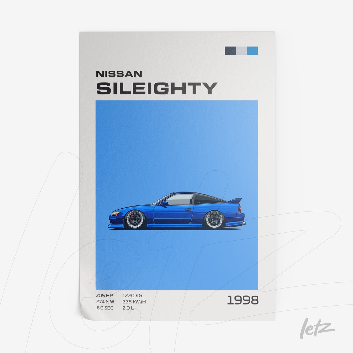 quadro com ilustração do carro Nissan Sileighty em fundo azul vibrante