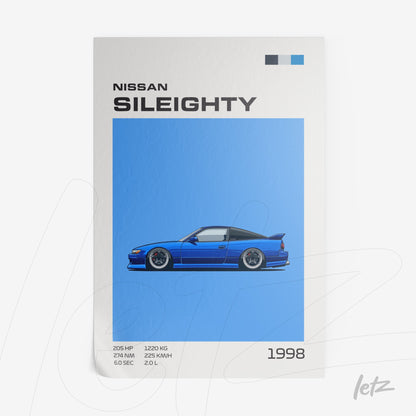 quadro com ilustração do carro Nissan Sileighty em fundo azul vibrante