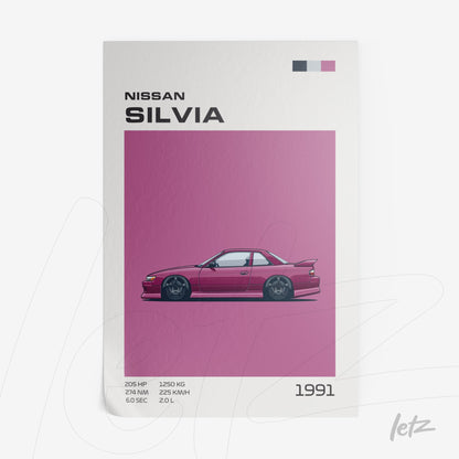 ilustração digital de um carro esportivo Nissan Silvia em fundo rosa com detalhes em branco e preto