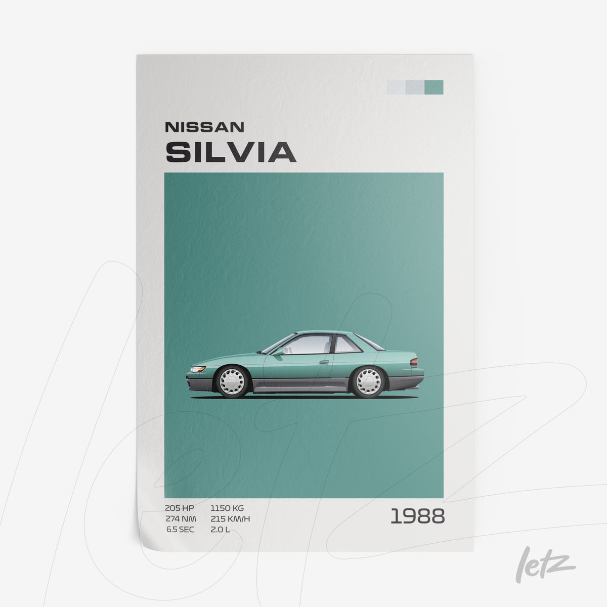 quadro com ilustração do carro Nissan Silvia de 1988 em fundo verde claro