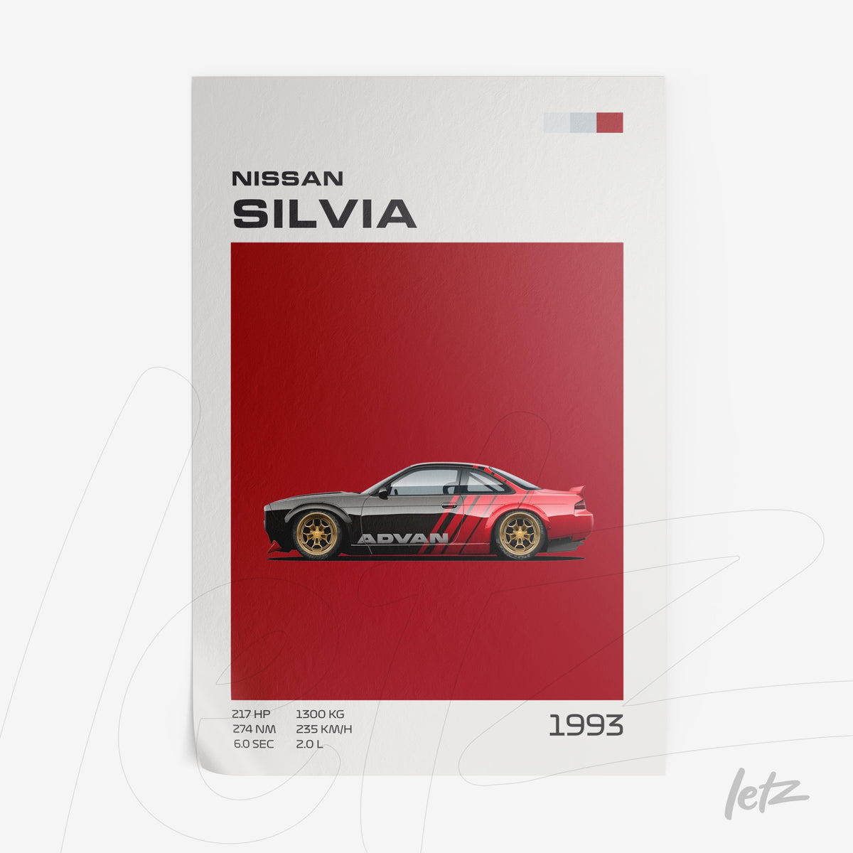 quadro com arte digital de carro Nissan Silvia modelo 1993 em fundo vermelho com detalhes gráficos