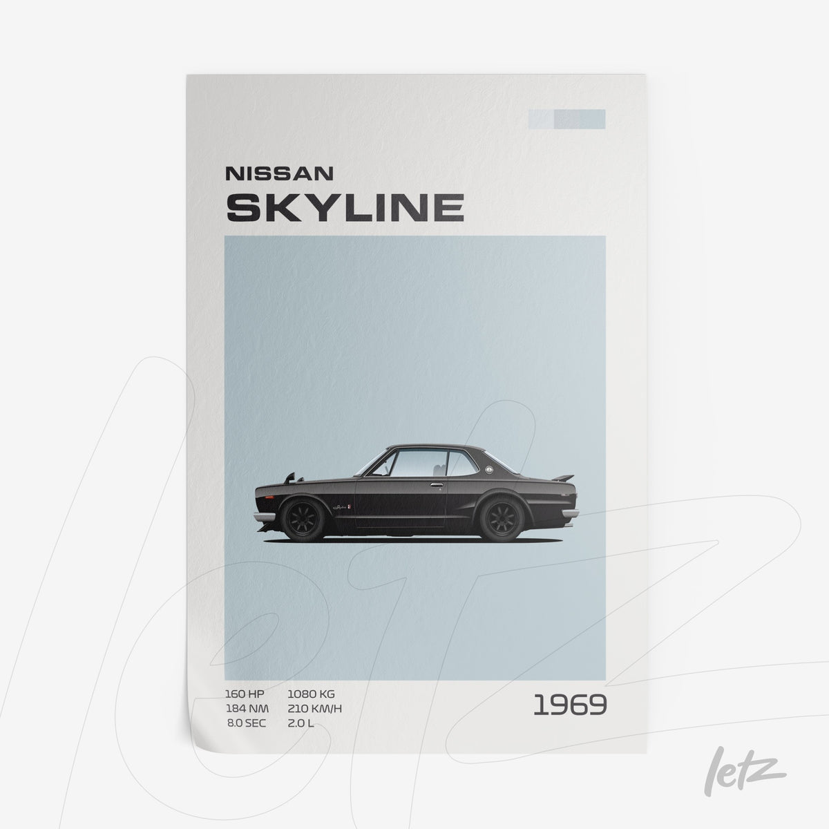 quadro com arte gráfica do carro Nissan Skyline de 1969 em fundo azul claro