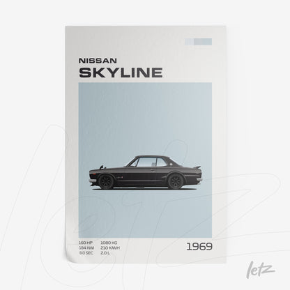 quadro com arte gráfica do carro Nissan Skyline de 1969 em fundo azul claro