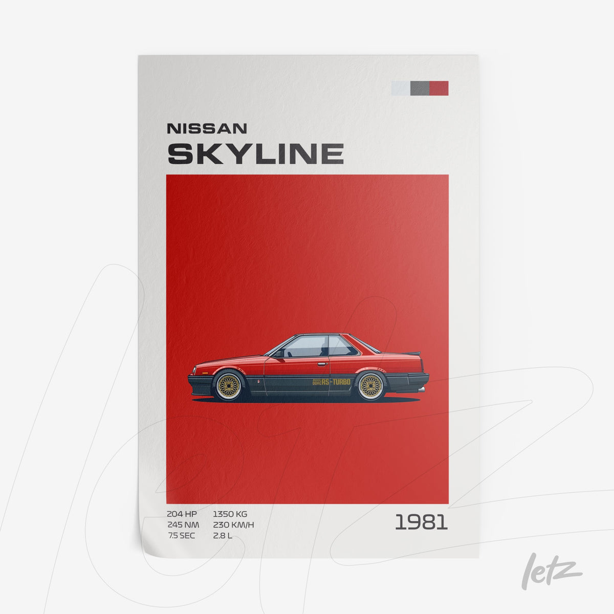 quadro com arte digital do carro Nissan Skyline de 1981 sobre fundo vermelho, apresentando detalhes técnicos e um design minimalista