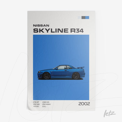 quadro com arte digital do carro Nissan Skyline R34 sobre fundo azul, destacado informações técnicas e ano de lançamento