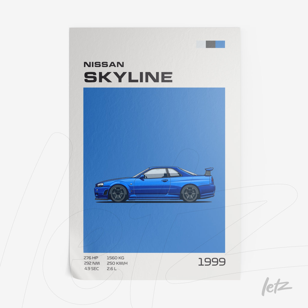 ilustração de um carro Nissan Skyline azul em fundo azul vibrante com informações detalhadas ao lado