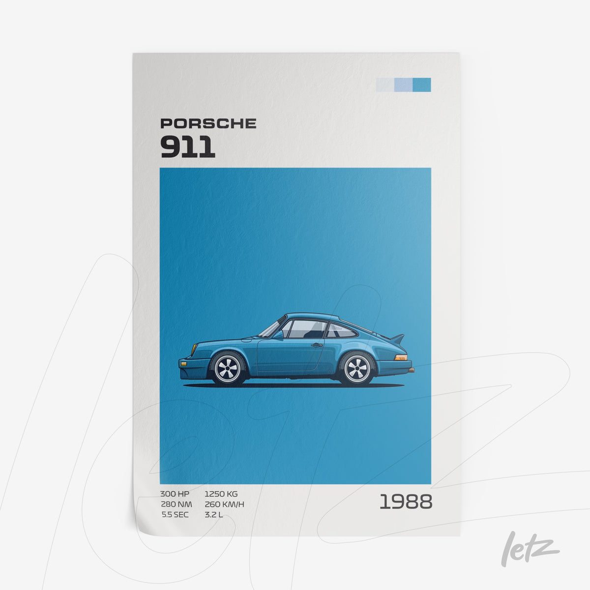 quadro com ilustração de carro esportivo Porsche 911 em fundo azul vibrante