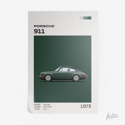 quadro com ilustração minimalista do automóvel Porsche 911 verde em fundo sólido, detalhes em texto branco
