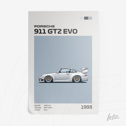 ilustração de carro esportivo Porsche 911 GT2 EVO de 1993 em fundo azul claro