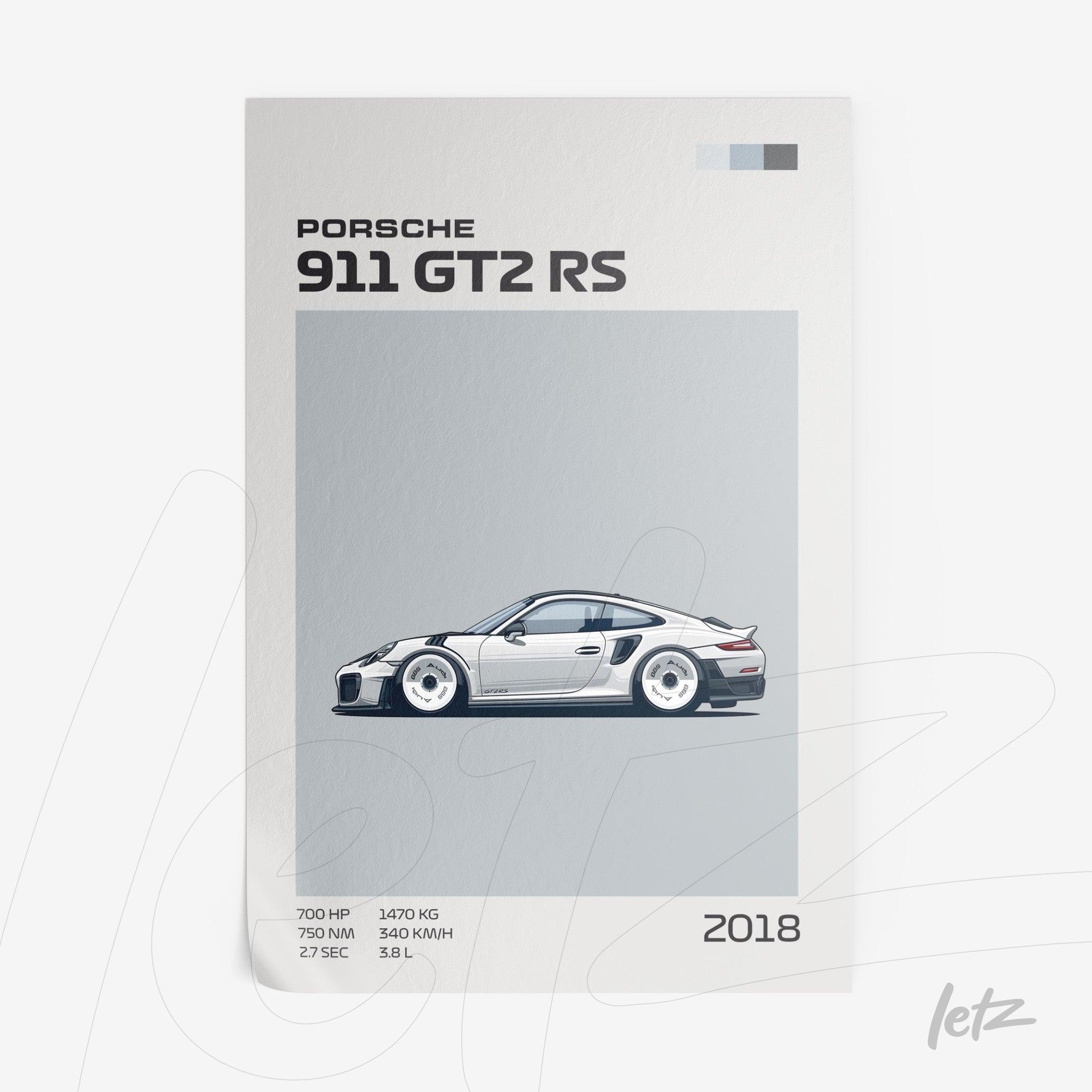 ilustração de carro esportivo Porsche 911 GT2 RS em estilo minimalista com fundo cinza