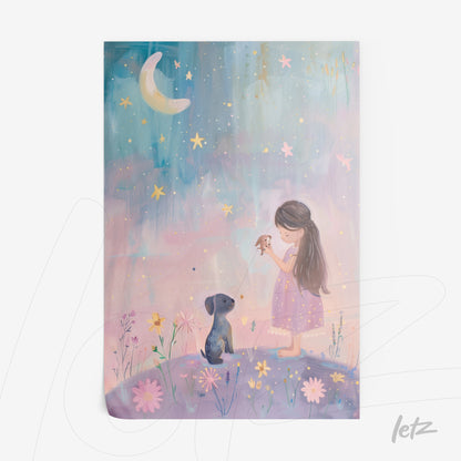 quadro com ilustração infantil de menina com vestido roxo segurando um passarinho ao lado de um cachorro, com céu estrelado e flores coloridas