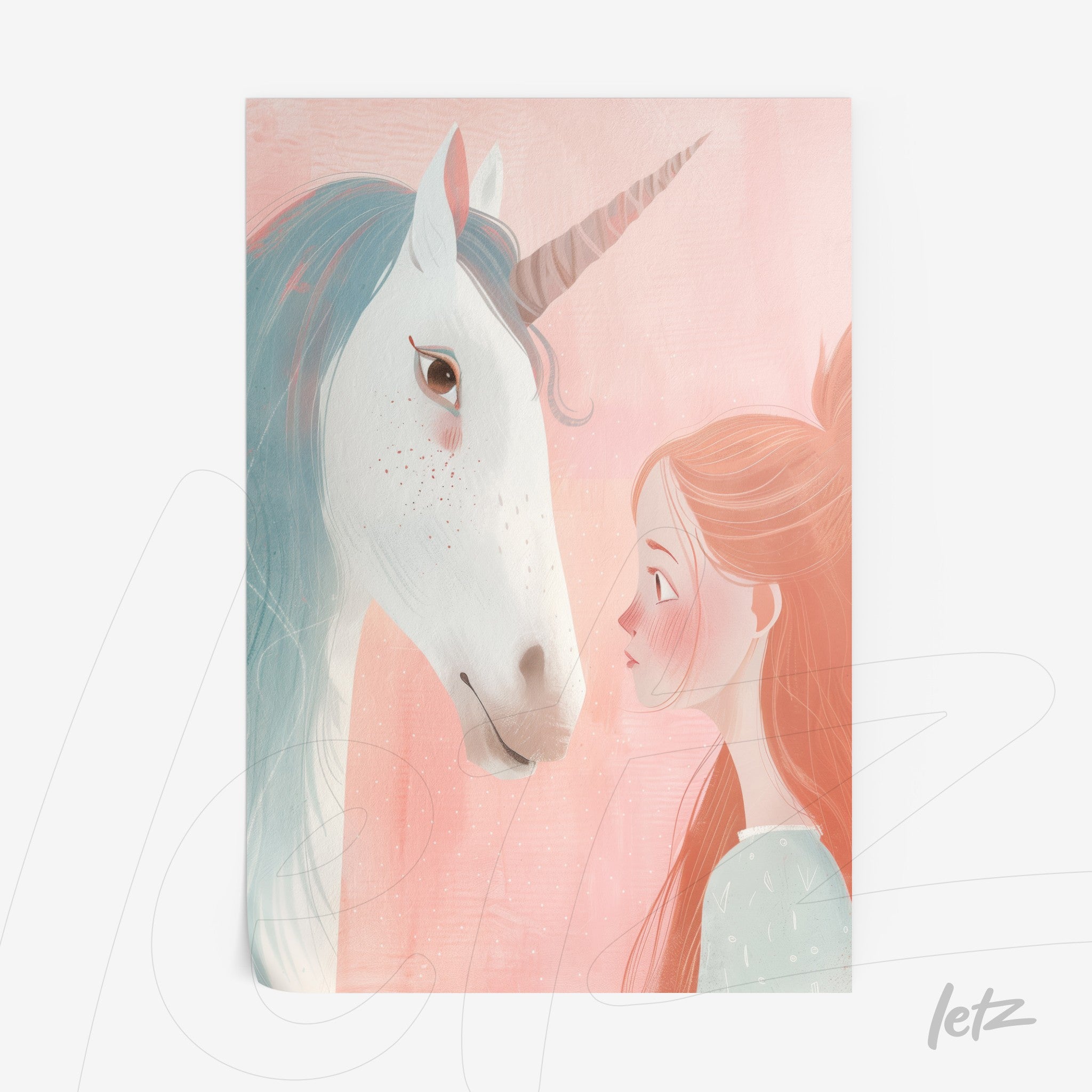 arte digital de menina olhando para um unicórnio com fundo em tons de rosa