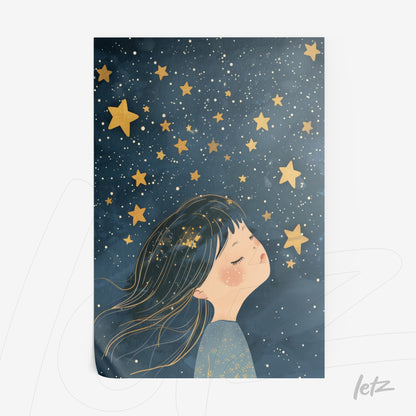 ilustração de uma menina sonhadora com cabelos soltos e estrelas douradas em um fundo azul escuro