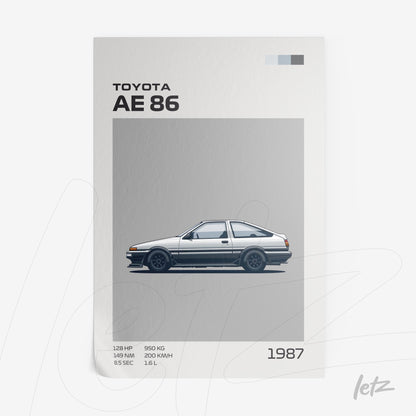quadro com ilustração minimalista do carro Toyota AE 86 em fundo cinza e detalhes gráficos