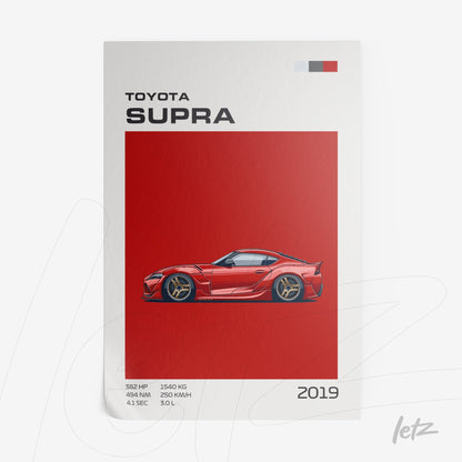 quadro com ilustração de carro esportivo Toyota Supra vermelho sobre fundo vermelho vibrante