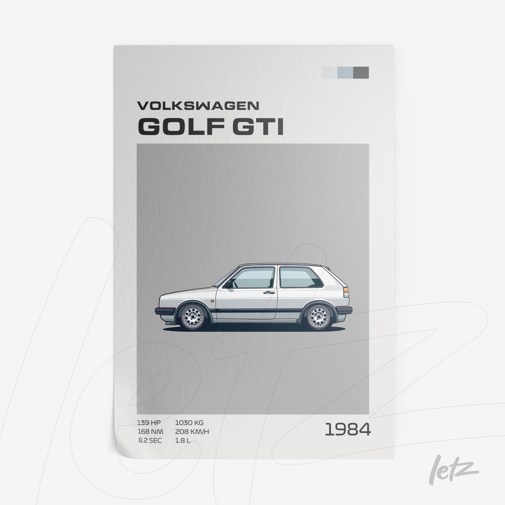 ilustração digital de um carro Volkswagen Golf GTI de 1984 em fundo cinza