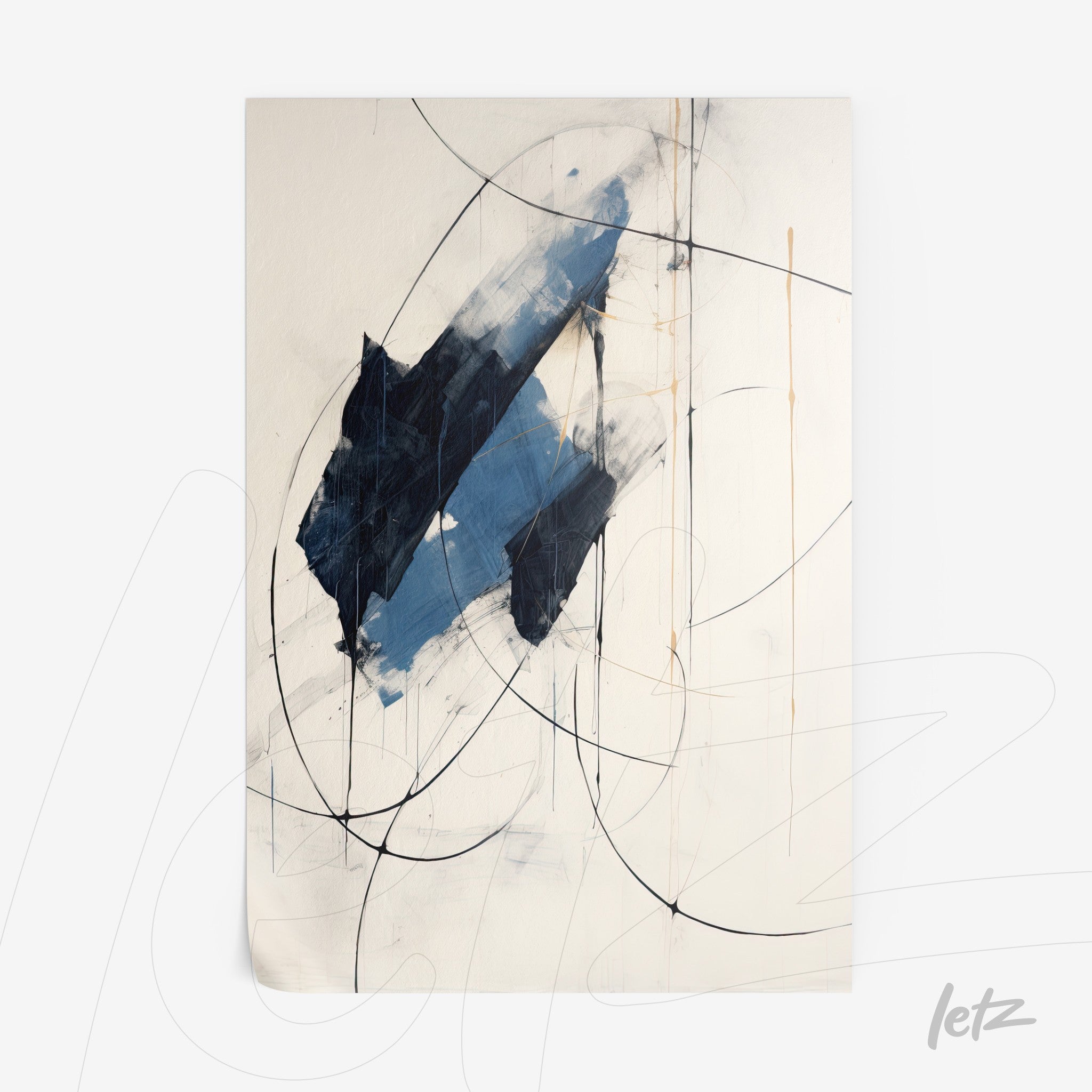 quadro abstrato com formas geométricas em tons de azul e linhas pretas sobre fundo claro