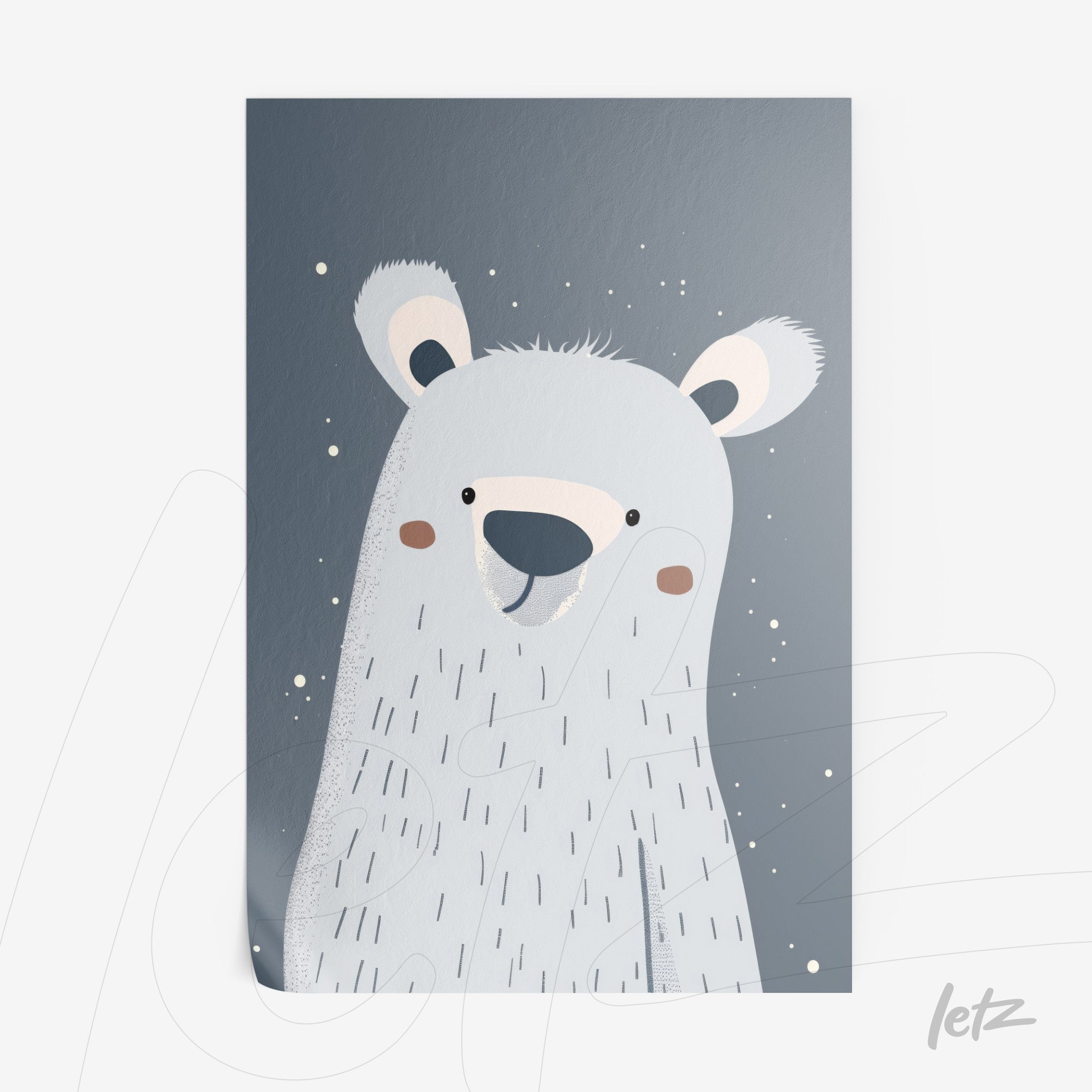 pôster com ilustração de urso polar sorridente sobre fundo azul-acinzentado com detalhes de neve