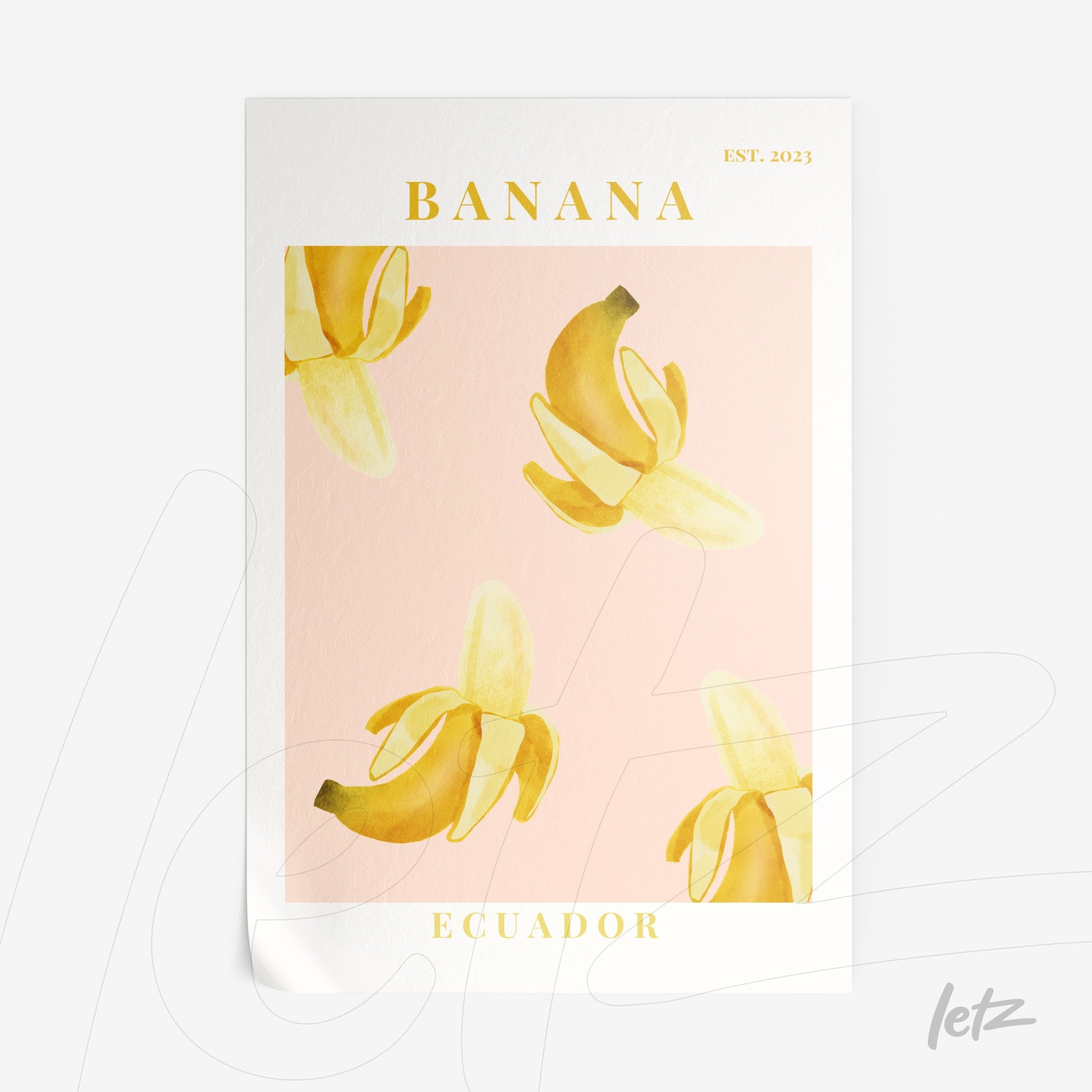 pôster com ilustração de bananas em fundo rosa e detalhes em dourado