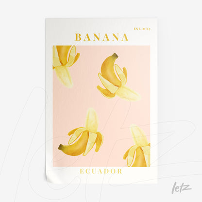 pôster com ilustração de bananas em fundo rosa e detalhes em dourado