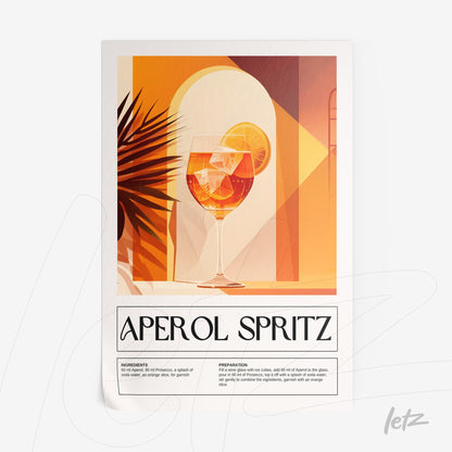 quadro com arte gráfica estilizada de drink aperol spritz em fundo laranja e detalhes minimalistas