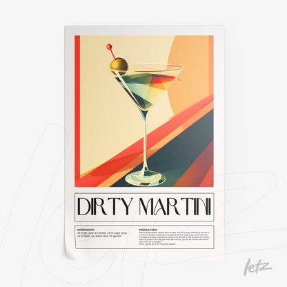 pôster com arte em estilo retrô de um drink dirty martini em fundo colorido