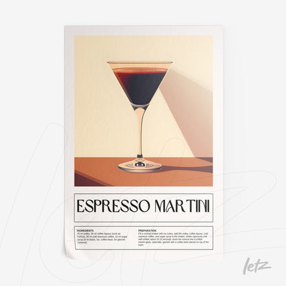 quadro com ilustração minimalista de um copo de espresso martini sobre fundo claro com texto informativo