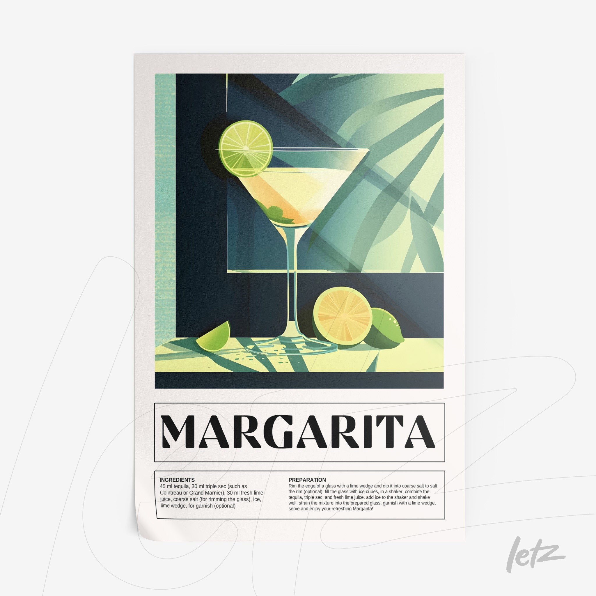 quadro com arte de drink margarita em fundo com sombras verdes e limões ao lado