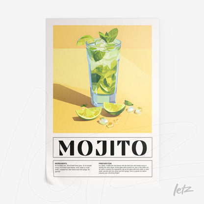 pôster com ilustração colorida do drink mojito em copo alto com limão e folhas de hortelã, sobre fundo amarelo claro