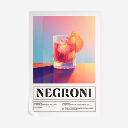 pôster com arte digital do drink negroni em tons vibrantes com detalhes de gelo e fatia de limão