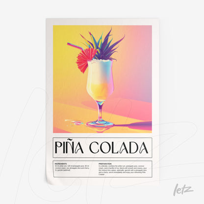 quadro com arte digital de coquetel piña colada em fundo colorido, com textura suave e detalhes de abacaxi e guarda-chuva