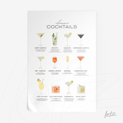 quadro com ilustrações de coquetéis clássicos em fundo claro, incluindo Dry Martini, Mojito e Pina Colada dispostos em linhas