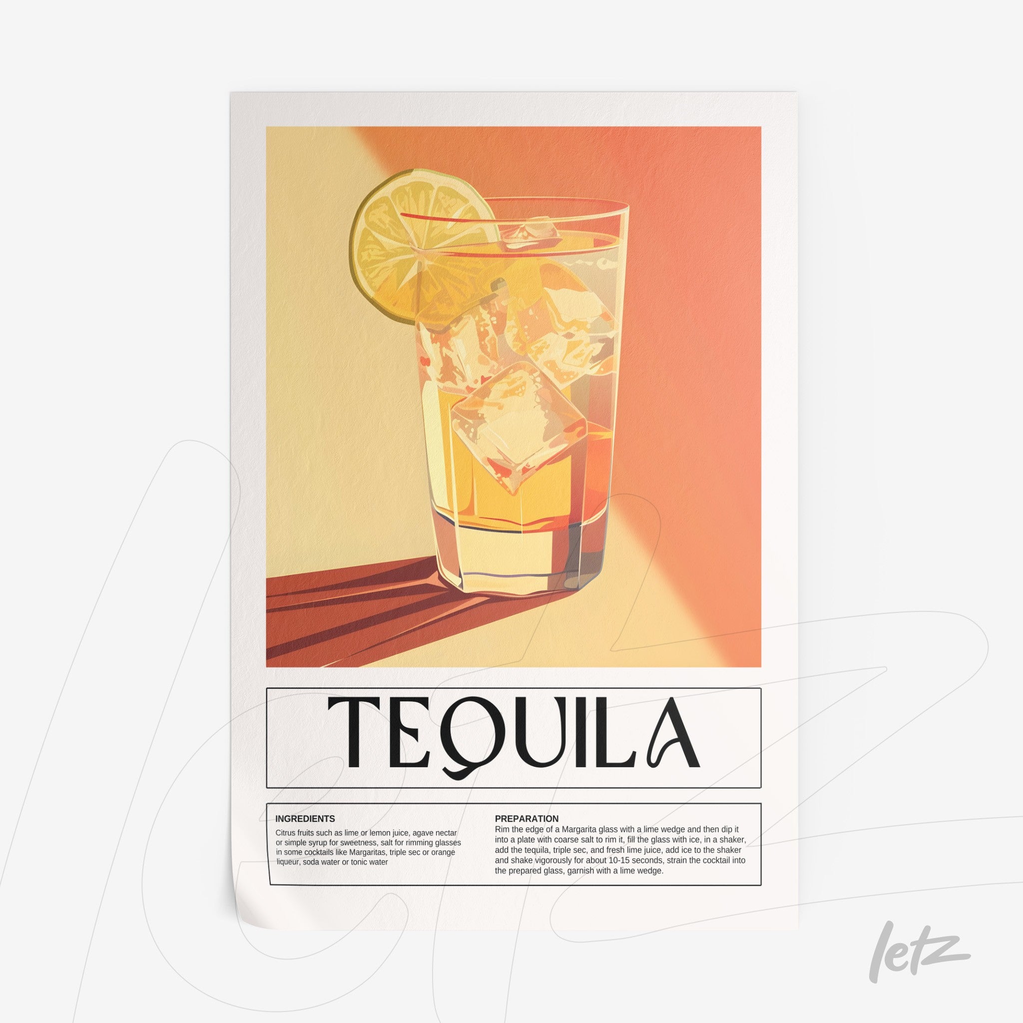 quadro com arte gráfica retratando um copo de tequila com limão e gelo em fundo com gradiente em tons quentes