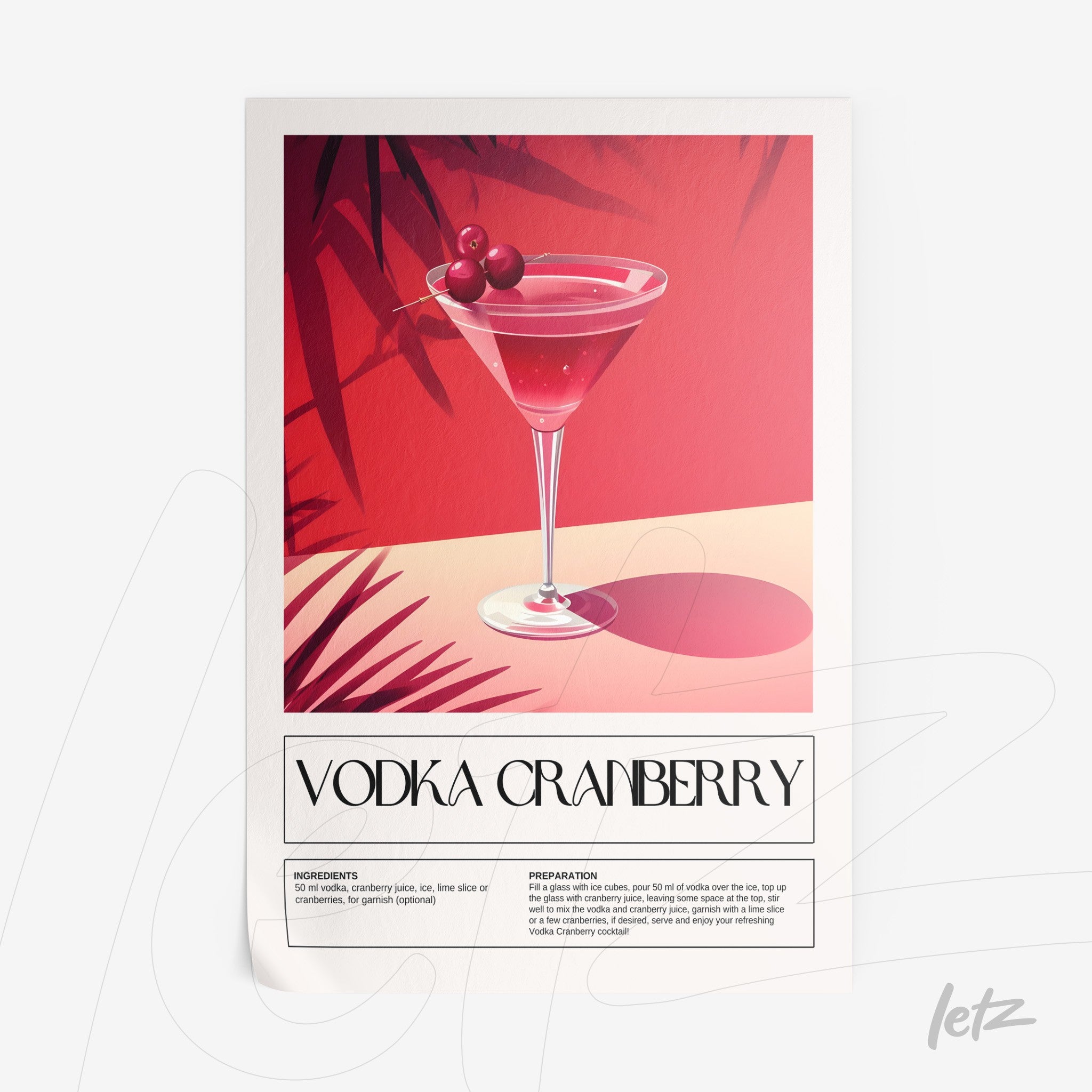 quadro com arte digital de drink vodka cranberry em fundo rosa com folhas tropicais