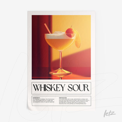 quadro com arte ilustrativa de drink whiskey sour em fundo com degradê alaranjado
