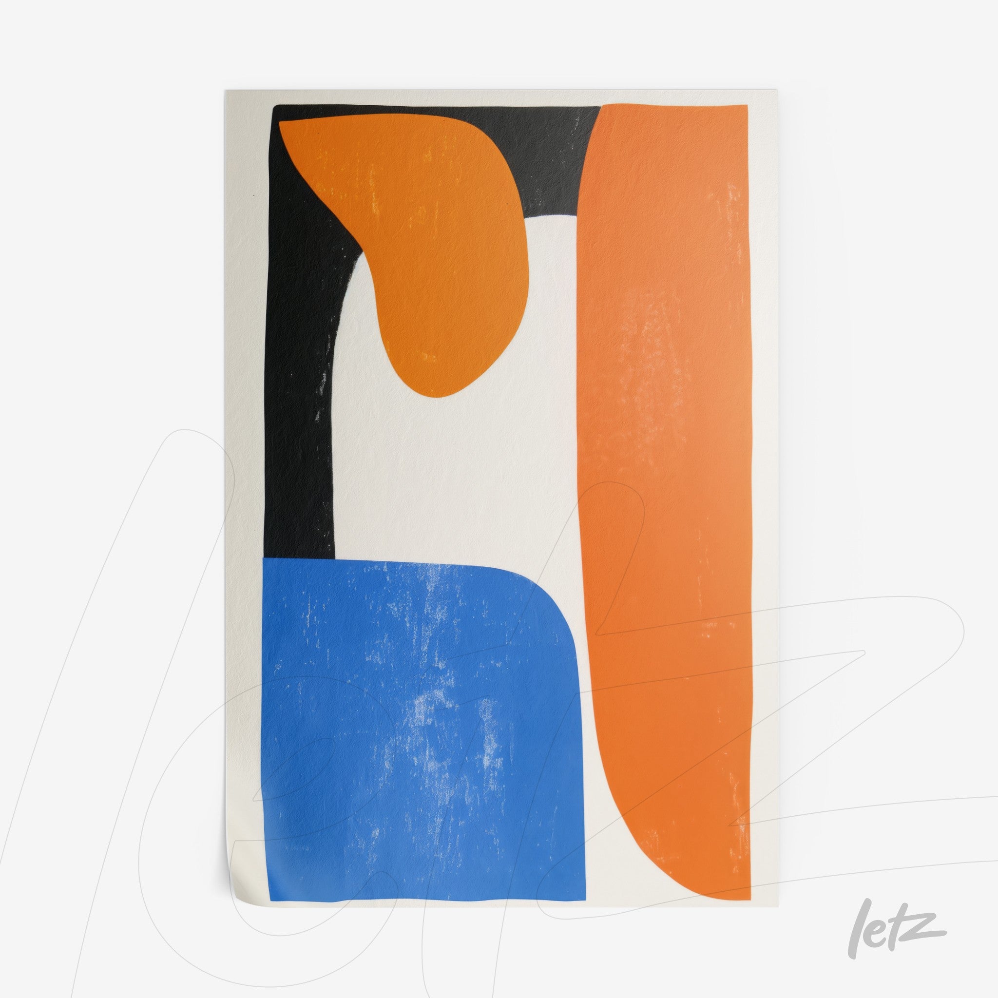 quadro com arte abstrata em tons de azul, laranja e preto sobre fundo claro