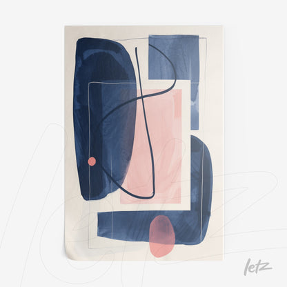 quadro com arte abstrata em tons de azul e rosa, destacando formas geométricas sobre fundo claro