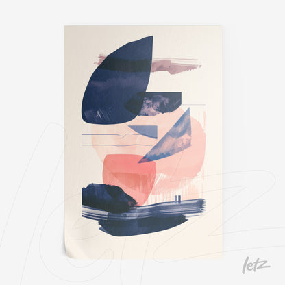 quadro com arte abstrata em tons de azul e rosa, com formas orgânicas e linhas suaves sobre fundo claro